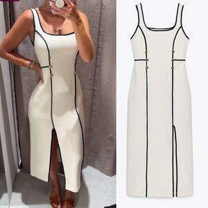 ZARA ⚠️ LAST DAY!  NWT Contrast Trim Midi Dress Navy Blue Cream Gold Large